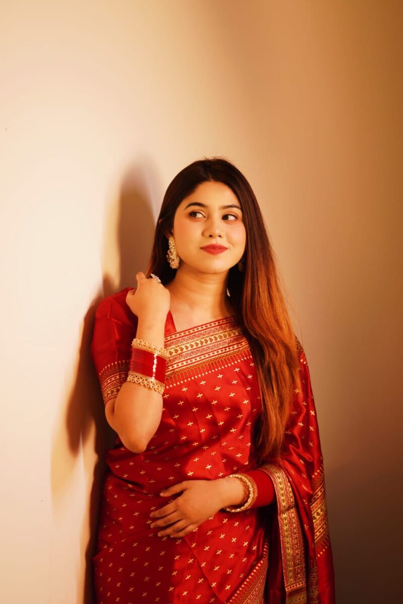 মায়াবীনি প্রিমিয়াম এমব্রয়ডারী এন্ড হ্যান্ড ব্লক ডিজাইন শাড়ী (মেরুন)