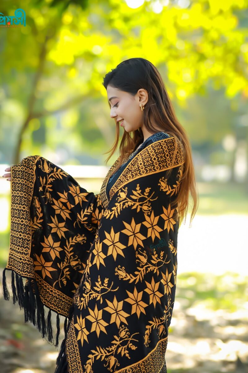 কাশ্মীরি পুষ্পা শাল উল ফেব্রিক্স (হলুদ ডিজাইন)