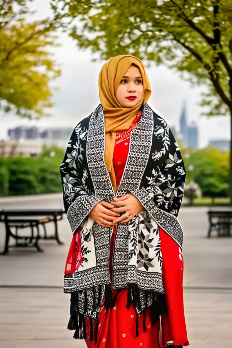 কাশ্মীরি পুষ্পা শাল উল ফেব্রিক্স (হোয়াইট এন্ড ব্ল্যাক)